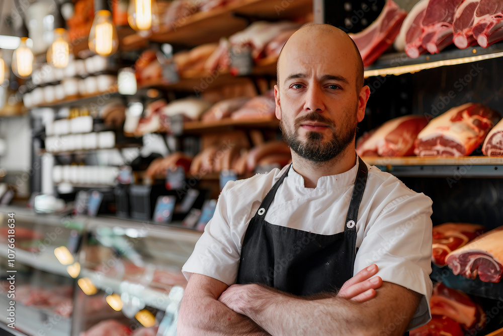 Generative AI Image of Butcher in Supermarket Meat Department with Fresh Cuts of Meat on Display Generative AI Image of Butcher in Supermarket Meat Department with Fresh Cuts of Meat on Display
