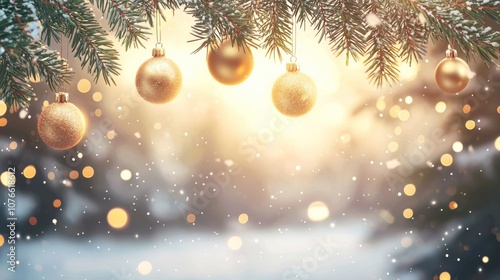 Minimalist Illustrated Christmas Background with Golden Glittering Ornaments and Sparkling Bokeh