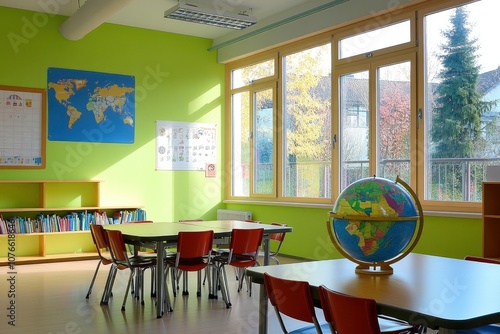 colorful school globe in clasroom ambiente with generative ai photo