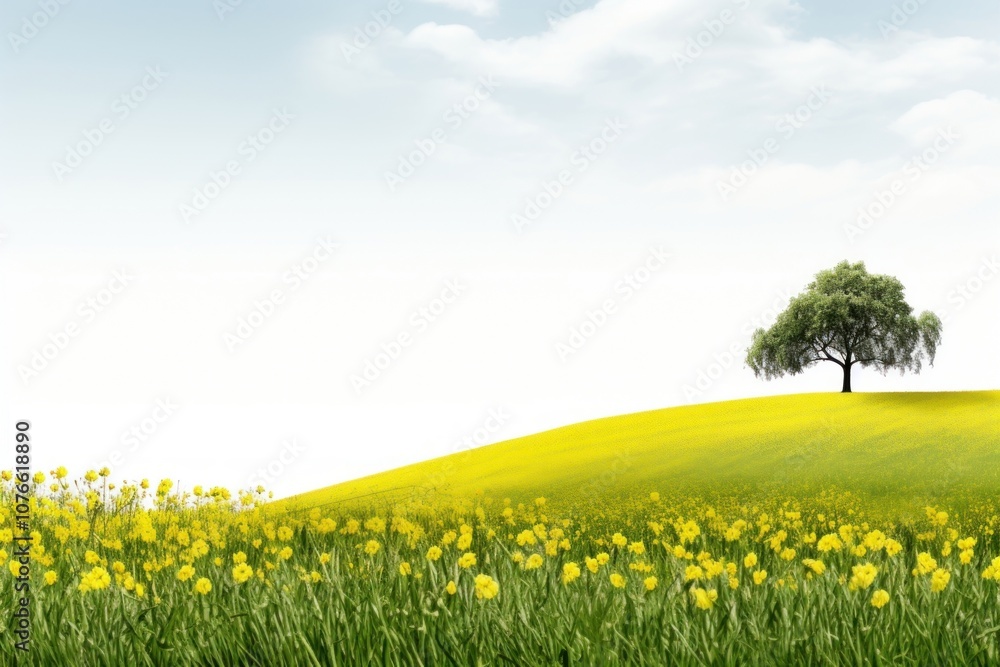 Fototapeta premium Hilly grass field with yellow blossom trees grassland landscape outdoors.