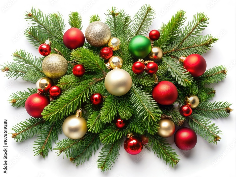 Fototapeta premium Christmas Tree Branches with Ornaments for Holiday Decor, Featuring Red, Green, and White Accents on a Crisp White Background, Perfect for Festive Banners and Seasonal Designs