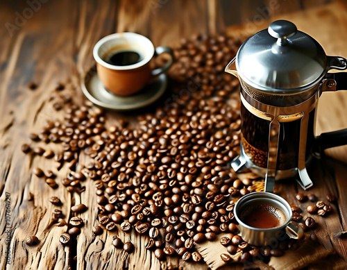 A steaming cup of espresso surrounded by coffee beans on a wooden table. Generative AI