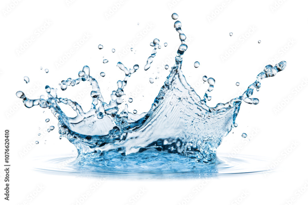Water splashes and drops isolated on white background. Abstract background with blue water wave