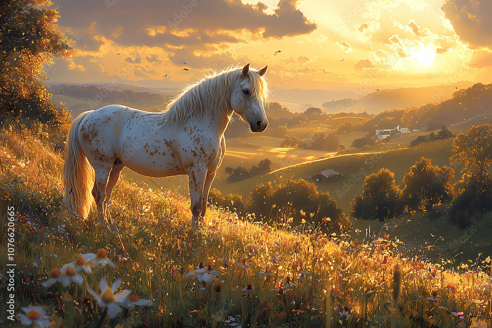 Horse,On a grassy hilltop, a majestic Andalusian horse stands majestically Horse,On a grassy hilltop, a majestic Andalusian horse stands majestically
