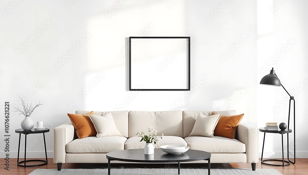 Mockup Modern living room with a black frame on a white wall above a beige sofa, minimal decor on side tables. Mockup Modern living room with a black frame on a white wall above a beige sofa, minimal decor on side tables.