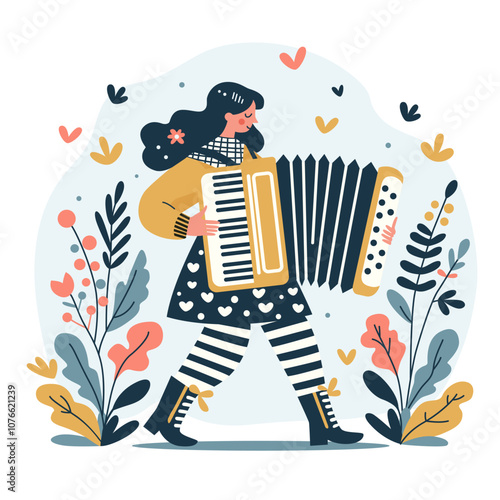 A young female musician walks playing the accordion in a bright concert costume.