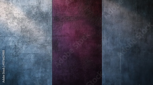 Textured cement wall, colored in split tones of slate gray and maroon, casting shadows and depth against a dark, minimalist background,