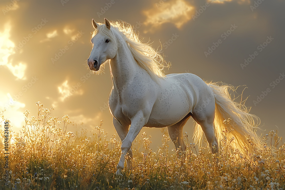 Obraz premium Horse,On a grassy hilltop, a majestic Andalusian horse stands majestically