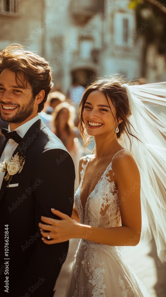 Naklejka premium Joyful couple enjoys their wedding day together in a picturesque outdoor setting with guests