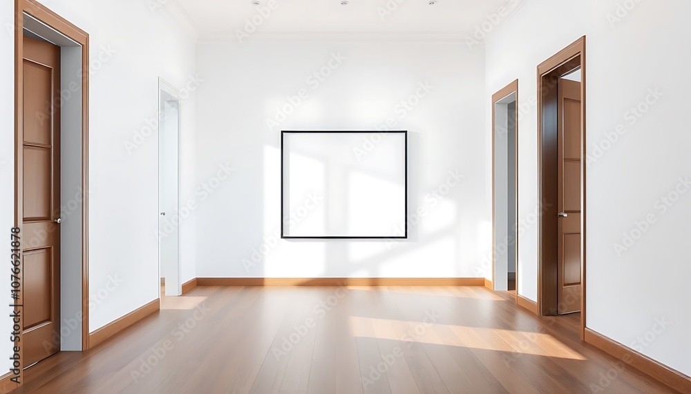 Obraz premium Large open hallway with a slim black frame on a white wall, wooden floors, and natural light.