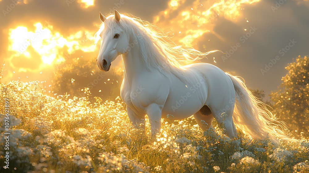 Horse,On a grassy hilltop, a majestic Andalusian horse stands majestically Horse,On a grassy hilltop, a majestic Andalusian horse stands majestically