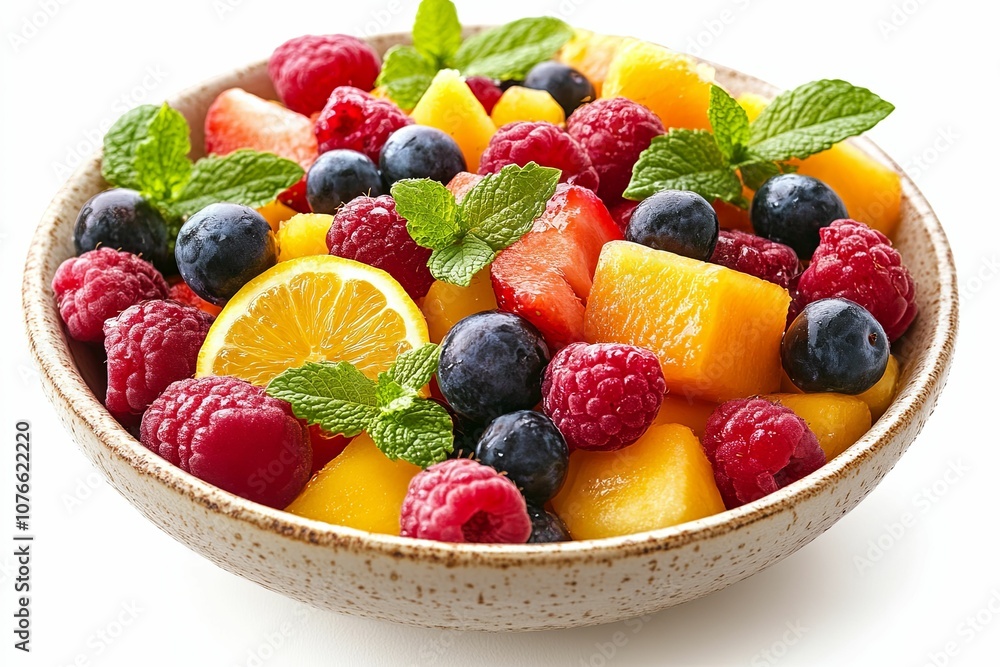 A bowl of fresh fruit salad with raspberries, blueberries, mango, and lemon A bowl of fresh fruit salad with raspberries, blueberries, mango, and lemon