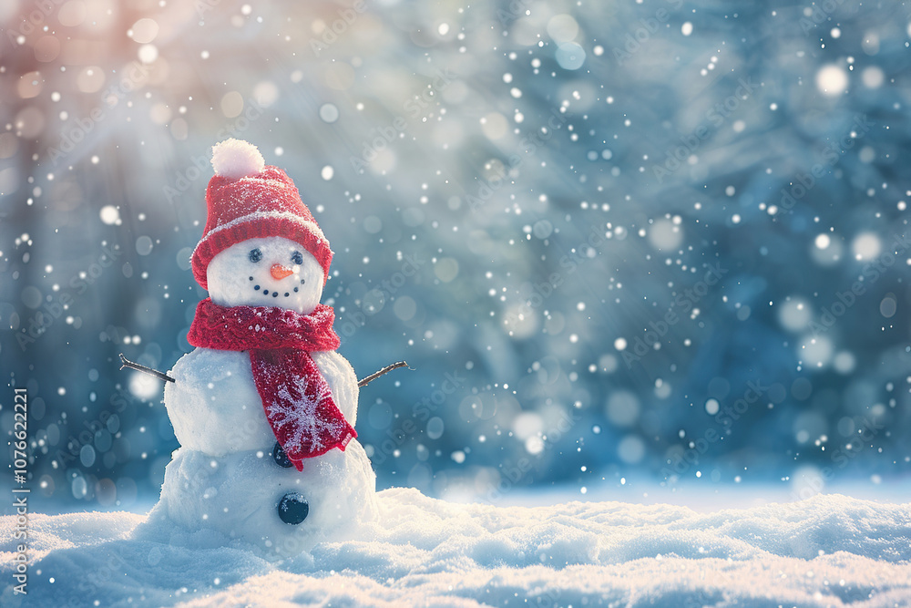 Fototapeta premium Christmas greeting card with bright winter holiday snowman and New Year background
