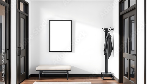 Contemporary entryway with a black frame on a blank wall beside a small bench and coat rack.