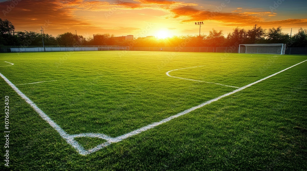 Fototapeta premium Well-maintained soccer field background with lush green grass and a pristine playing surface
