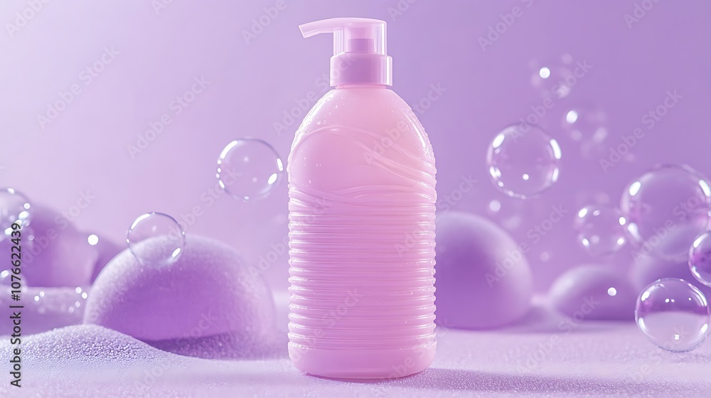 Soft Pink Plastic Body Wash Bottle Surrounded by Bubbles on a Purple Background, Ideal for Spa and Self-Care Products, Promoting Cleanliness and Hydration Soft Pink Plastic Body Wash Bottle Surrounded by Bubbles on a Purple Background, Ideal for Spa and Self-Care Products, Promoting Cleanliness and Hydration