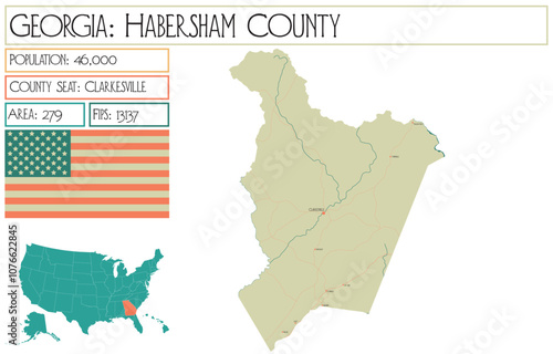 Large and detailed map of Habersham County in Georgia USA.