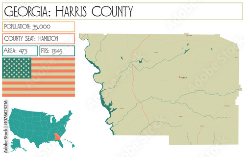 Large and detailed map of Harris County in Georgia USA.