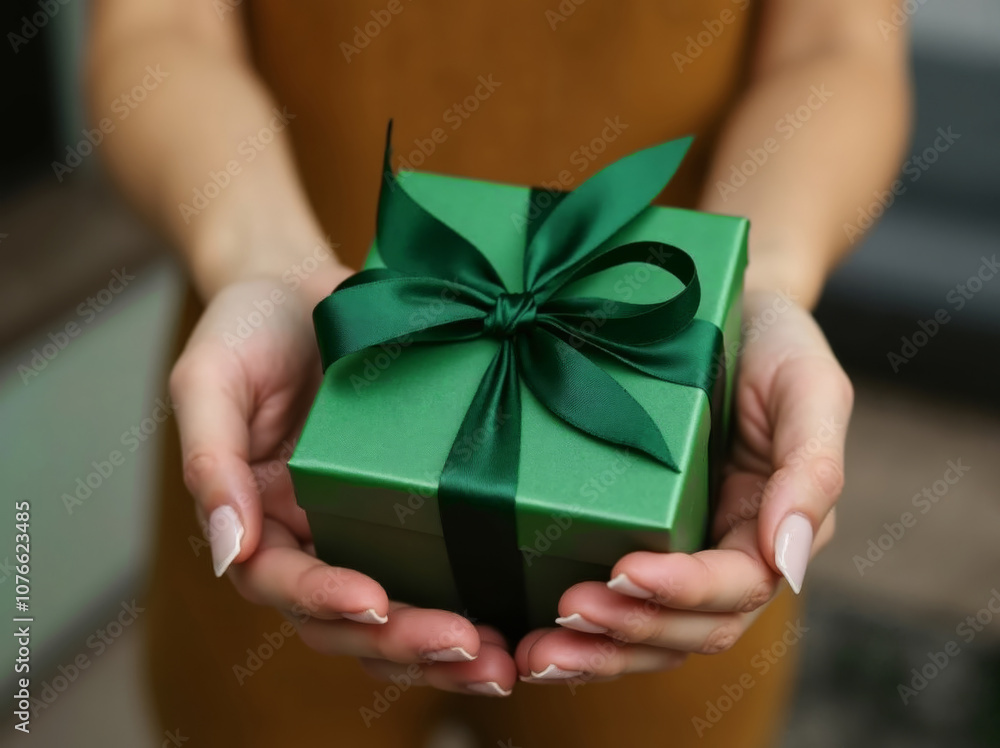 Presenting a beautifully wrapped green gift with a black ribbon held by a person on Valentine's Day in an indoor setting Presenting a beautifully wrapped green gift with a black ribbon held by a person on Valentine's Day in an indoor setting