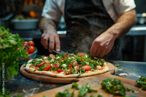 Generative AI Image of Professional Chef Preparing a Gourmet Dish in Restaurant Kitchen photo