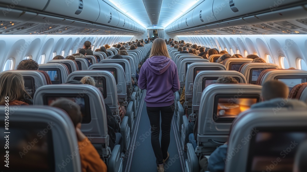 Fototapeta premium Young woman walking down airplane aisle looking for her seat