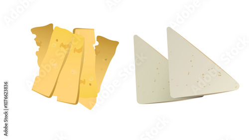 cheese slices. cheese, cut lengthwise and triangles. triangular and rectangle piece of cheese. dairy product