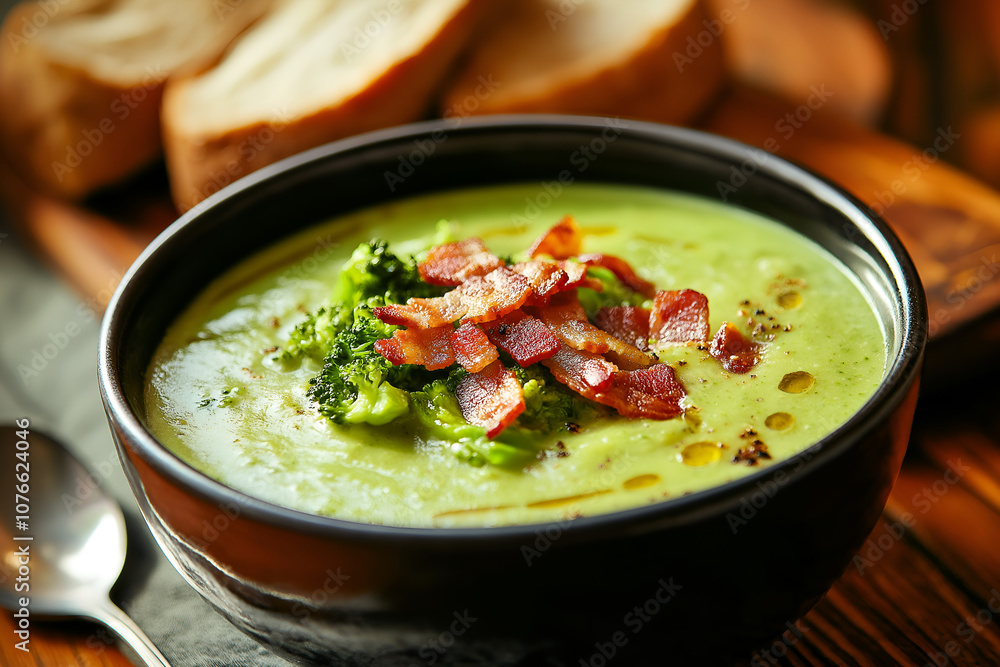 A Bowl of Creamy Broccoli and Cheddar Soup, Topped with Crumbled Bacon and Served with Crusty Bread, Food Photography, Food Menu Photo Image A Bowl of Creamy Broccoli and Cheddar Soup, Topped with Crumbled Bacon and Served with Crusty Bread, Food Photography, Food Menu Photo Image