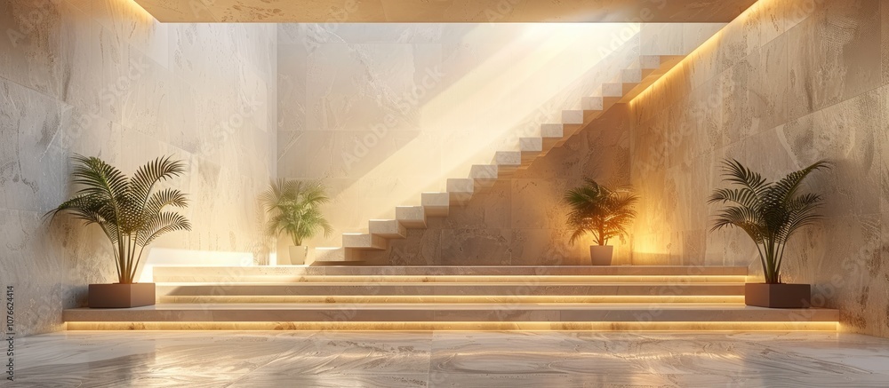 Modern Interior with Staircase and Palm Trees Modern Interior with Staircase and Palm Trees