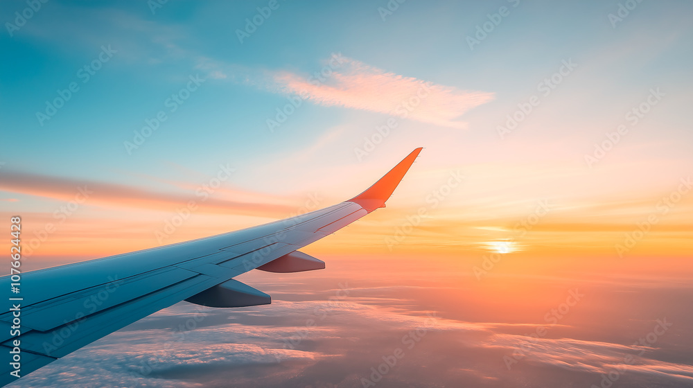 Obraz premium view of airplane wing in the sky, beautiful sunset