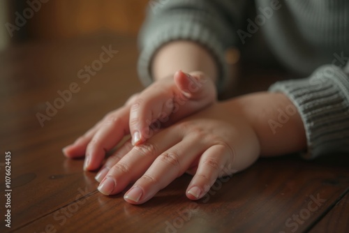 Close-up of two child hands resting on a wooden table in a warm indoor setting during a cozy afternoon gathering