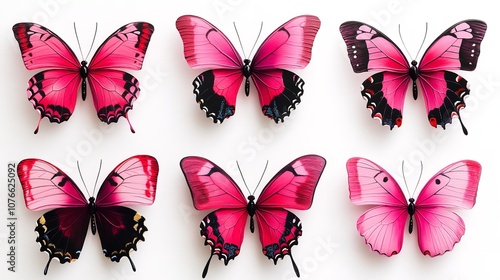 Bright pink butterflies set on isolated white background

 photo