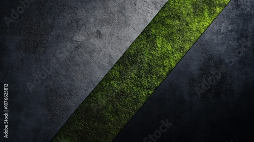 Textured cement wall split diagonally with charcoal gray on one side and deep moss green on the other, casting shadows against a dark background,