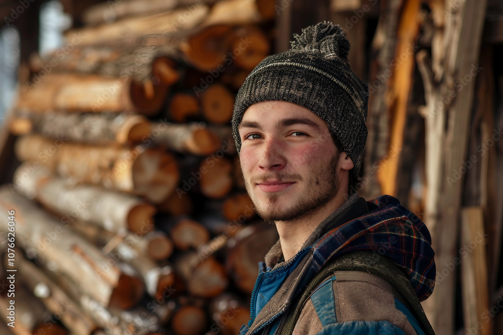 Generative AI image of a handsome virile bearded woodcutter at work in a traditional woodworking workshop Generative AI image of a handsome virile bearded woodcutter at work in a traditional woodworking workshop