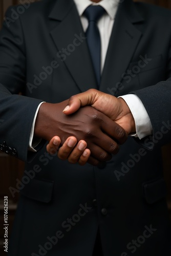 Two individuals shaking hands in a formal attire setting, symbolizing partnership and agreement in a business environment