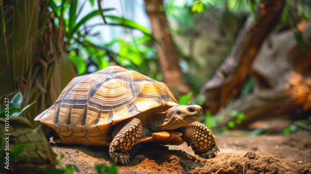 Naklejka premium A Close-Up Shot of a Tortoise Walking in a Lush Green Environment