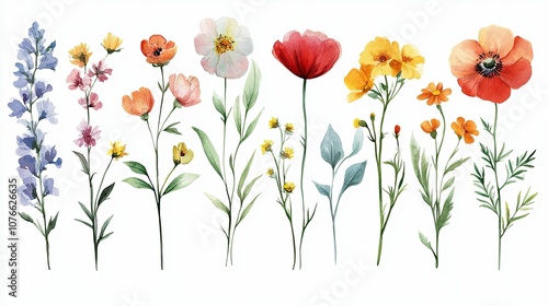 Watercolor Illustration of Various Wildflowers