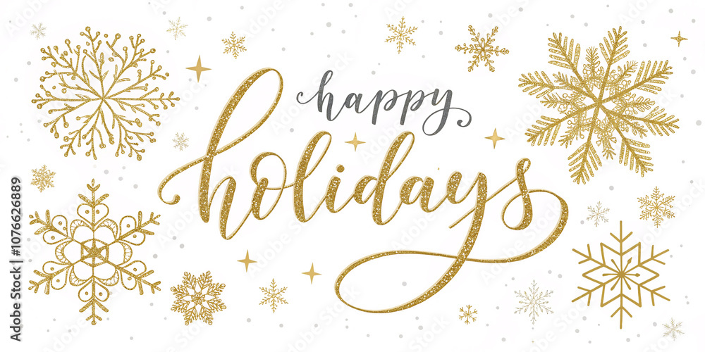 Gold Happy Holidays Calligraphy Banner with Snowflakes on White Background Gold Happy Holidays Calligraphy Banner with Snowflakes on White Background