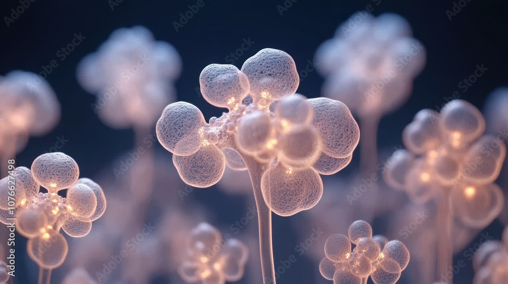 A visually stunning close-up of luminous, ethereal flowers with intricate, delicate structures against a dark background. A visually stunning close-up of luminous, ethereal flowers with intricate, delicate structures against a dark background.