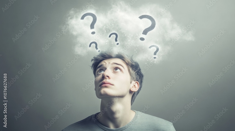 A young man stands beneath clouds shaped like question marks, symbolizing confusion, curiosity, and contemplation, accented by a soft glowing light for dramatic effect. A young man stands beneath clouds shaped like question marks, symbolizing confusion, curiosity, and contemplation, accented by a soft glowing light for dramatic effect.