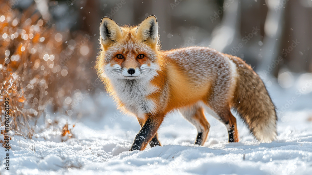 Obraz premium red fox walking through snowy landscape, showcasing its vibrant fur