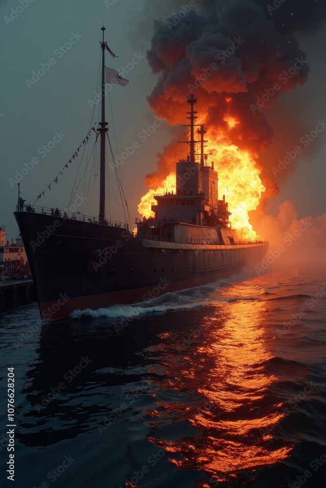 Fire engulfs naval ship at port during late evening, showcasing intense flames and smoke in dramatic maritime scene Fire engulfs naval ship at port during late evening, showcasing intense flames and smoke in dramatic maritime scene