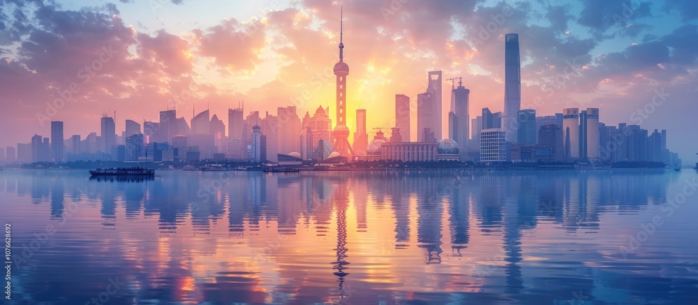 Fototapeta premium Shanghai Skyline at Sunrise with Reflections