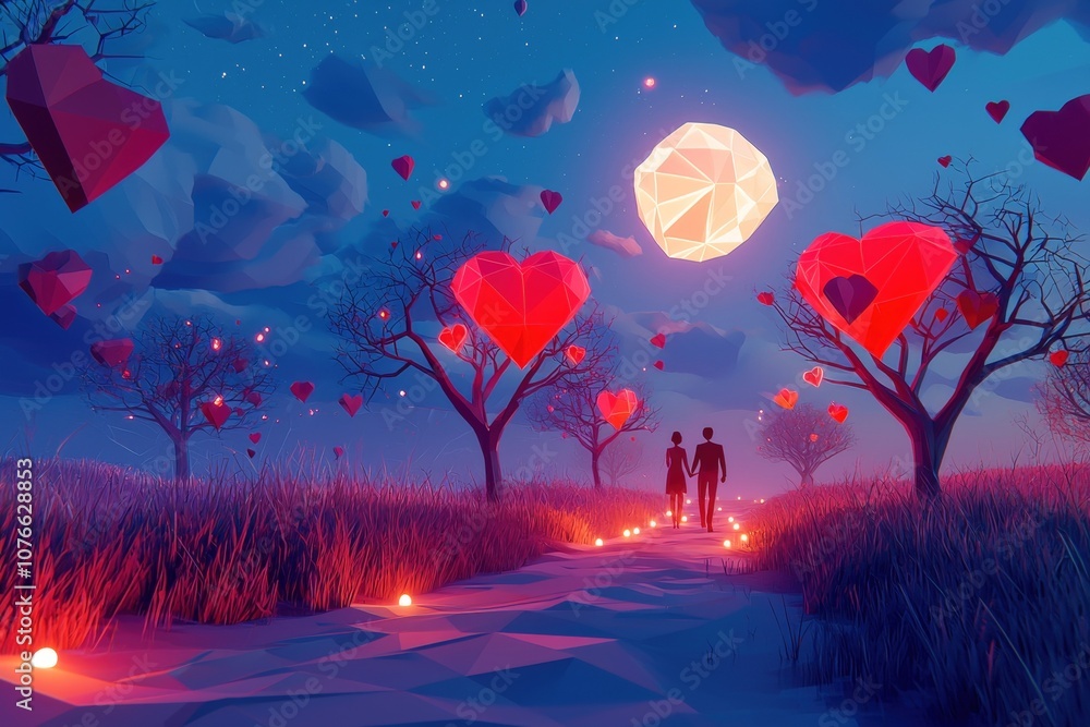 Obraz premium Whimsical Valentines Night under the Glowing Moon and Heart Shaped Trees