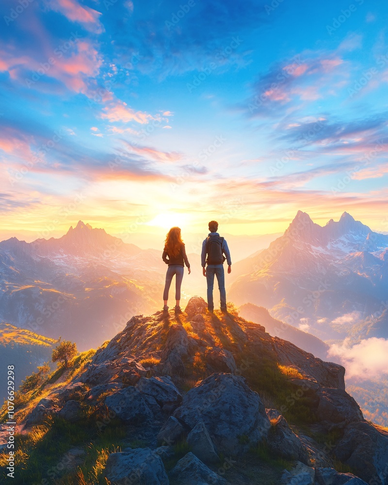 Fototapeta premium Young Diverse Couple Enjoys Scenic Sunrise on Mountain Peak Adventure