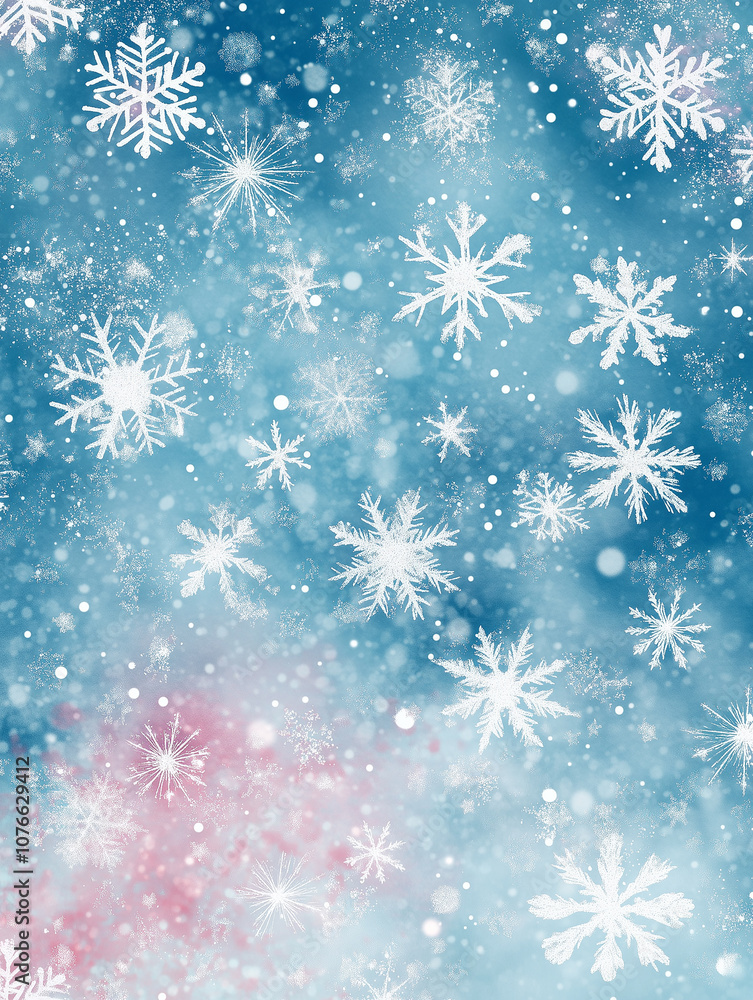 magic of a winter wonderland, with delicate snowflakes falling against a dreamy blue and pink sky. magic of a winter wonderland, with delicate snowflakes falling against a dreamy blue and pink sky.