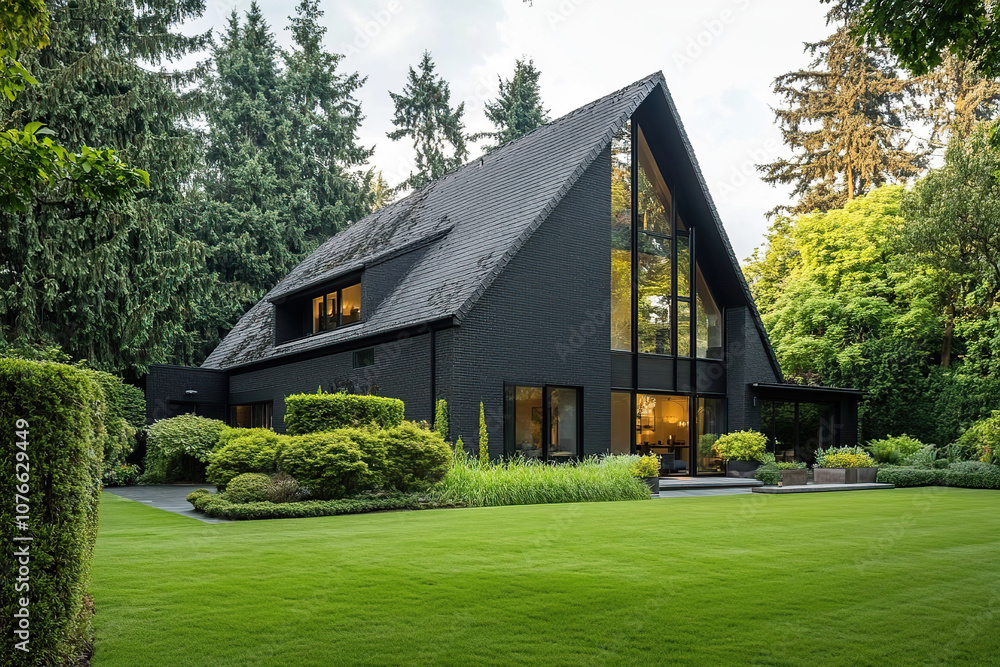 A modern black house with large windows, set in the middle of a lush green lawn and surrounded by tall trees. The design includes sharp angles and geometric shapes typical of A-frame houses. A modern black house with large windows, set in the middle of a lush green lawn and surrounded by tall trees. The design includes sharp angles and geometric shapes typical of A-frame houses.