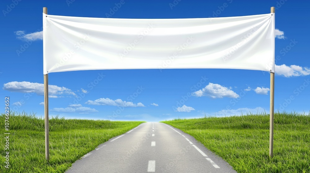 Fototapeta premium A blank banner stands on the roadside against a bright blue sky and vibrant green grass during a sunny day in the countryside
