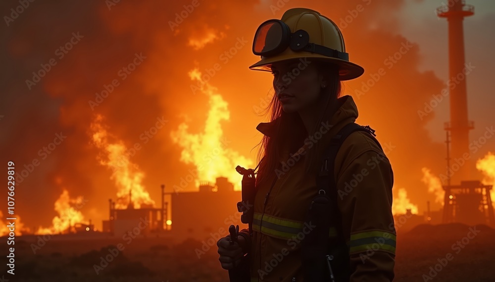 Firefighter combating industrial blaze at an oil facility during a late afternoon in a drought-affected region Firefighter combating industrial blaze at an oil facility during a late afternoon in a drought-affected region