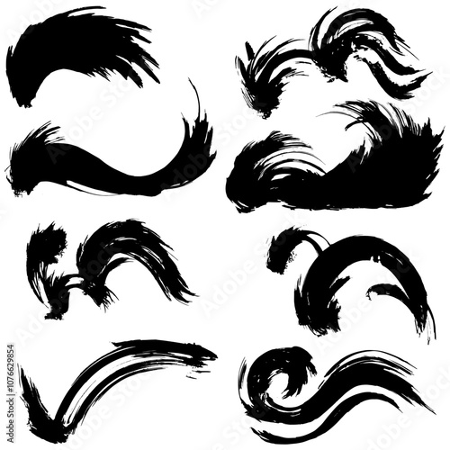 和風素材　筆で描かれたダイナミックな線のイラストセット　ベクター