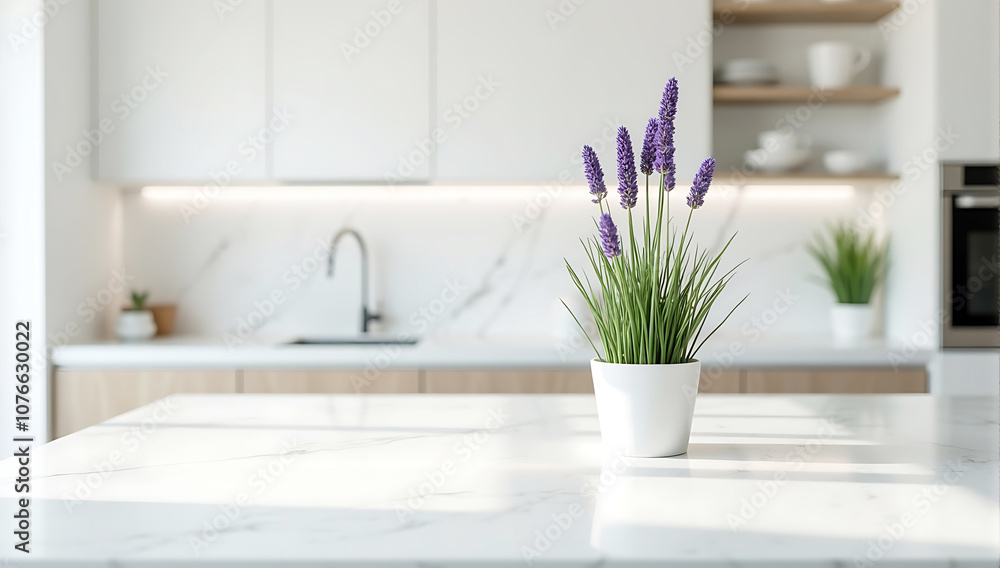modern kitchen interior in blur with white furniture, minimalist white interior, lavender plant in white pot, marble countertop modern kitchen interior in blur with white furniture, minimalist white interior, lavender plant in white pot, marble countertop